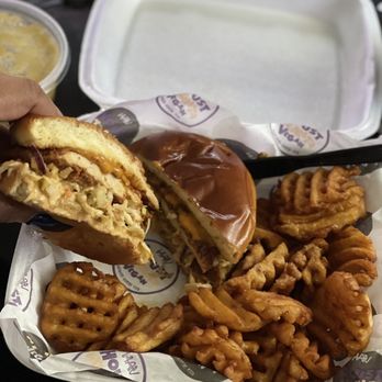 Houstatlantavegan - A different view of the Hotlanta chick'n sandwich w/ waffle fries - Vegan Near Me - Houston, Texas