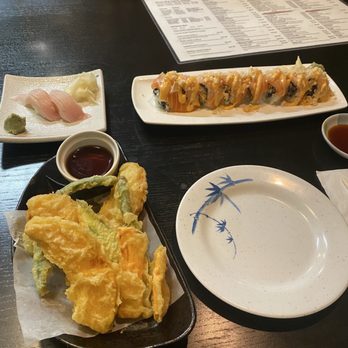 Happy Sushi - Hamachi Nigiri, Rockstar Roll, Veggie Tempura Mix - Japanese Near Me - Santa Clara, California Happy Sushi - Hamachi Nigiri, Rockstar Roll, Veggie Tempura Mix - Japanese Near Me - Santa Clara, California