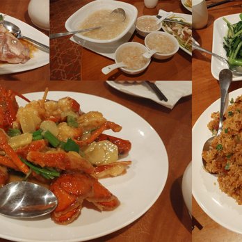 Joyale Seafood Restaurant - clockwise from top left: steamed tilapia, fish stomach and crab soup, stir-fried yu choy sprout, stir fry glutinous rice, and lobtser - Seafood Near Me - Seattle, Washington