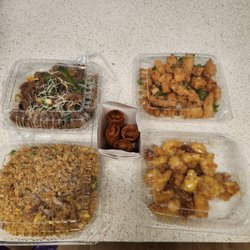 Double Dragon - Pork Fried Rice, Mongolian Beef, Salt & Pepper Chicken,  Walnut Prawns and egg rolls.