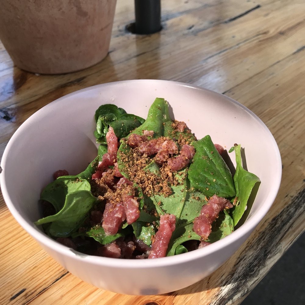 Manfreds - Beef tartare mixed with spinach and crumbled rye bread - Scandinavian Near Me - København N, 84 Manfreds - Beef tartare mixed with spinach and crumbled rye bread - Scandinavian Near Me - København N, 84