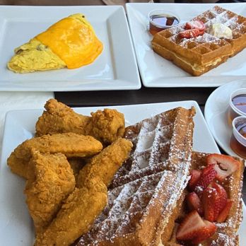 & Waffles - Cajun chicken & waffles.  Ham & Cheese Omelet - Breakfast & Brunch Near Me - Long Beach, California