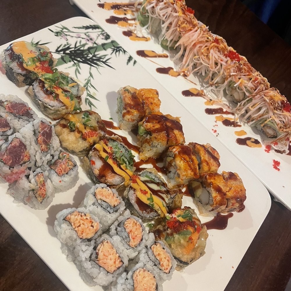 Fontana Sushi - Top to bottom: Summer Roll, Yama Roll, Volcano Roll, Spicy Tuna roll (left) and Spicy Crab roll (right) - Sushi Bars Near Me - Centennial, Colorado