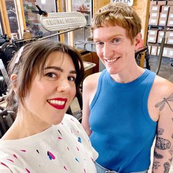 Ink Meets Paper - Owners, Allison and Jamie, with the Heidelberg Windmill press