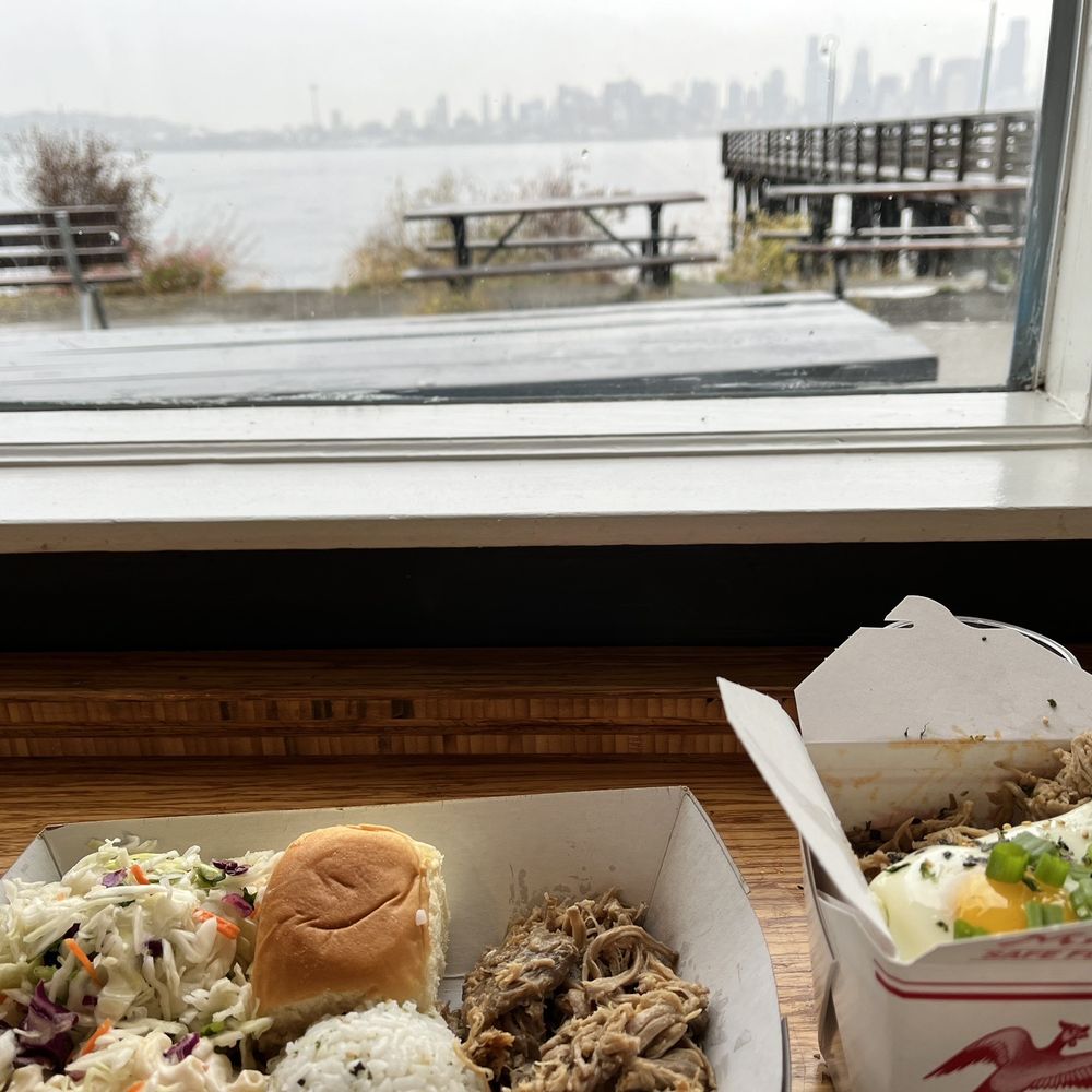 Marination Ma Kai - Left to right: Lu'au Plate and Kimchi Fried Rice with a view - Korean Near Me - Seattle, Washington Marination Ma Kai - Left to right: Lu'au Plate and Kimchi Fried Rice with a view - Korean Near Me - Seattle, Washington
