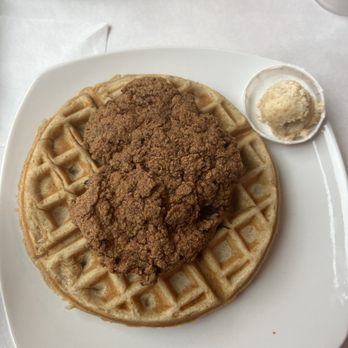 Dame's Chicken & Waffles - "What a classy hen": waffle with chicken cutlet and vanilla-almond shmear - Southern Near Me - Durham, North Carolina