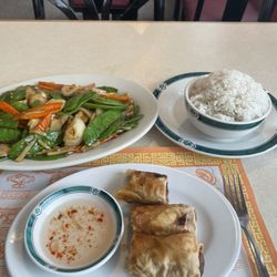 Jade Dragon - Pork egg rolls, Chicken Hunan with white rice. So yummy!