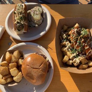 Photo of Wursthall - San Mateo, CA, United States. Smashed burger, chorizo dog, and curry fried potatoes