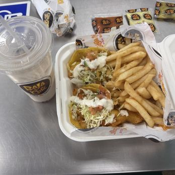 Baja Cali Fish & Tacos - One fish taco, one shrimp taco with fries and horchata - Mexican Near Me - Pasadena, California