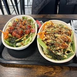 Salmon and tuna bowl. Shrimp tempura bowl.