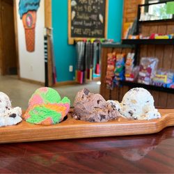 Miners Falls Mini Golf - Ice Cream Flight with (from left to right) Mackinac Island Fudge, Rainbow Sherbet, Chocolate Peanut Butter Cup, and Cookie Dough