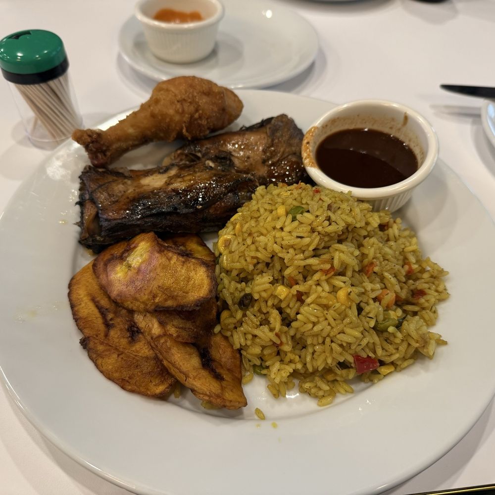 Jamaican Jerk Chicken, Fried Chicken, Extra Fried Plantain, fried rice