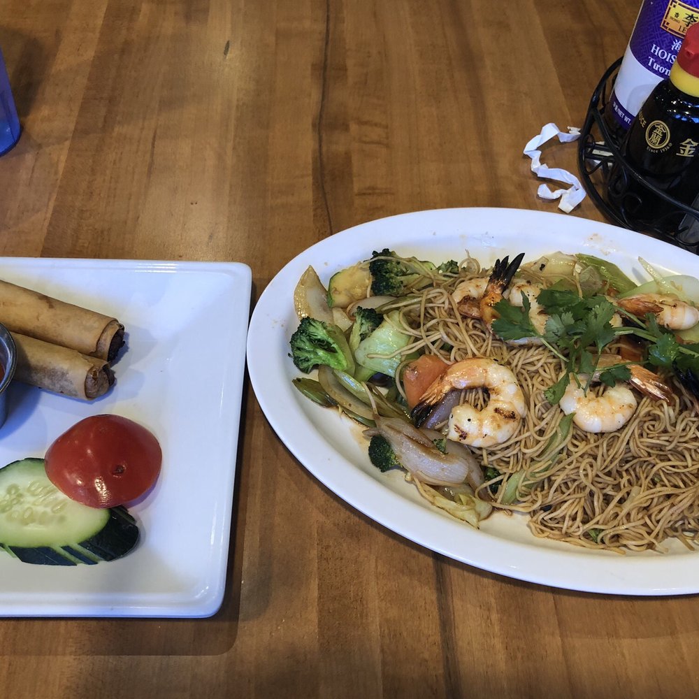Basil Leaf Vietnamese Restaurant - Egg noodle stir fry with grilled shrimp, and fried pork rolls - Vietnamese Near Me - Albuquerque, New Mexico Basil Leaf Vietnamese Restaurant - Egg noodle stir fry with grilled shrimp, and fried pork rolls - Vietnamese Near Me - Albuquerque, New Mexico