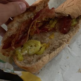 a person holding a hot dog in a bun