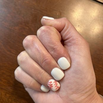 Glamor Nails & Spa - Dip nails in off white with baseball stitches and a little bit of sparkle. - Nail Salons Near Me - Huntington Beach, California