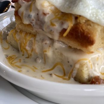 Honeybear Cafe - Giant buttery Biscuits & Gravy with over medium eggs - Breakfast & Brunch Near Me - Chicago, Illinois