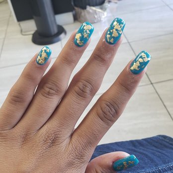 Redondo 7 Nails - Teal with Gold Foil Acrylics - Nail Salons Near Me - Long Beach, California Redondo 7 Nails - Teal with Gold Foil Acrylics - Nail Salons Near Me - Long Beach, California