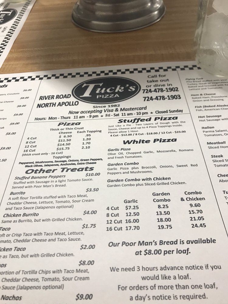 TUCK’S PIZZA Updated September 2024 1922 River Rd, North Apollo