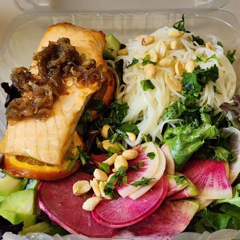 Downtown Kitchen - Summer Salmon Salad with watermelon radish, rice noodles, cucumber, mixed greens, shallots, and an Asian Lime Vinaigrette! - Cafeteria Near Me - Milwaukee, Wisconsin