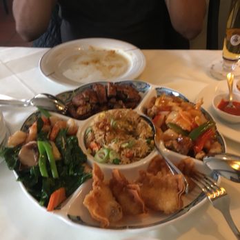 Arc en Ciel - Roasted duck, fried rice, fried shrimp wontons, sweet and sour pork, and gai lan with shrimp - Pan Asian Near Me - Hanover, NI