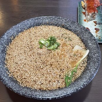 Sushi Raku - Sesame ramen with chili oil. Concord roll in the background - Japanese Near Me - Concord, California