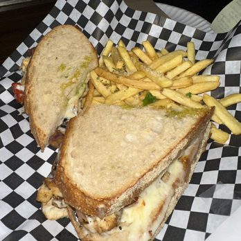Lavaca Street Bar At Rock Rose - Chicken pesto panini and small side of fries for extra $5 - Sports Bars Near Me - Austin, Texas Lavaca Street Bar At Rock Rose - Chicken pesto panini and small side of fries for extra $5 - Sports Bars Near Me - Austin, Texas