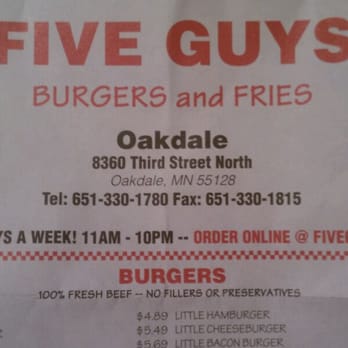 Five Guys - For those gps'ing, correct city & zip. - Fast Food Near Me - Oakdale, Minnesota Five Guys - For those gps'ing, correct city & zip. - Fast Food Near Me - Oakdale, Minnesota