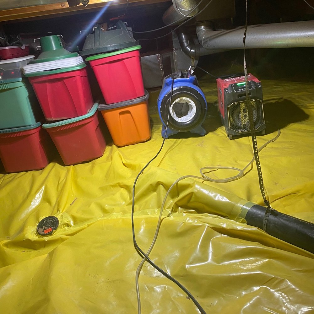 Anatom Restoration - Dehumidifier, air purifier, vapor barrier, cleaned of debris (raw sewage) and organization of totes - Damage Restoration Near Me - Centennial, Colorado