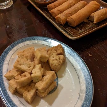 Indochine - Fried tofu for vegetarian soup ($3), and vegetarian spring rolls, for which we requested peanut sauce on the side and it was incredible! - Thai Near Me - Palo Alto, California Indochine - Fried tofu for vegetarian soup ($3), and vegetarian spring rolls, for which we requested peanut sauce on the side and it was incredible! - Thai Near Me - Palo Alto, California