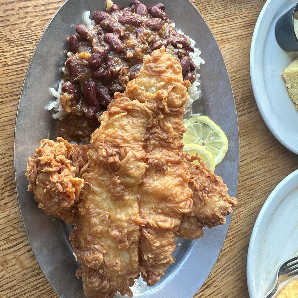 Fried Catfish and Red Beans and Rice. Supper yummy with big portions. Fried Catfish and Red Beans and Rice. Supper yummy with big portions.
