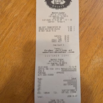 Western Kosher - Receipt - Grocery Near Me - Los Angeles, California