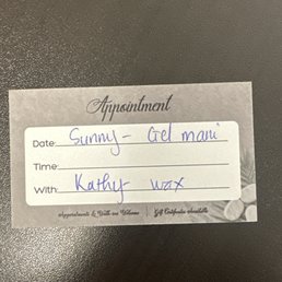 Sunny did a great job with my short nails. Kathy was efficient and a pleasure to be waxed by. Sunny did a great job with my short nails. Kathy was efficient and a pleasure to be waxed by.