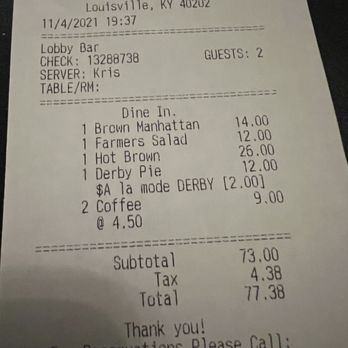 The Lobby Bar - Dinner for 2, sharing a salad, The Hot Brown and dessert, $77 before tip - Bars Near Me - Louisville, Kentucky The Lobby Bar - Dinner for 2, sharing a salad, The Hot Brown and dessert, $77 before tip - Bars Near Me - Louisville, Kentucky