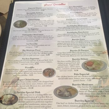 El Paraiso Restaurant - Menu - Mexican Near Me - Jefferson City, Tennessee