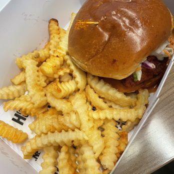 Houston TX Hot Chicken - Spicy chicken burger with fries - Chicken Shop Near Me - Spokane, Washington