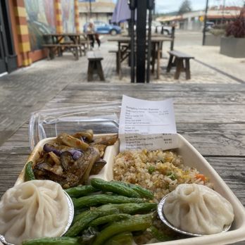 Dumpling Kitchen Express - Double Joy - 2 entrees with fried rice (10.70) +2 xiao lung bao (3) eating outside. - Dim Sum Near Me - Castro Valley, California Dumpling Kitchen Express - Double Joy - 2 entrees with fried rice (10.70) +2 xiao lung bao (3) eating outside. - Dim Sum Near Me - Castro Valley, California