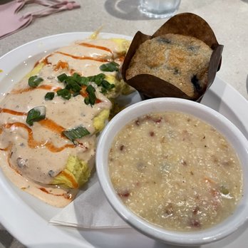 Wild Eggs - Buffalo Chicken Omelet, Side Grits Day, Side Blueberry Muffin - Breakfast & Brunch Near Me - Louisville, Kentucky