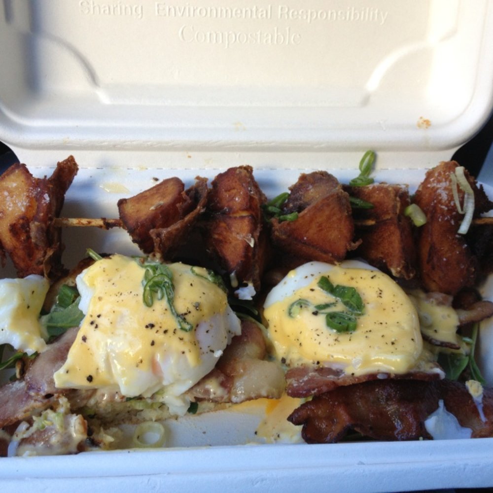 2 egg, bacon and hollandaise sandwich, made eggs Benedict style,  with hash brown skewer (love the lemon juice on the potatoes)