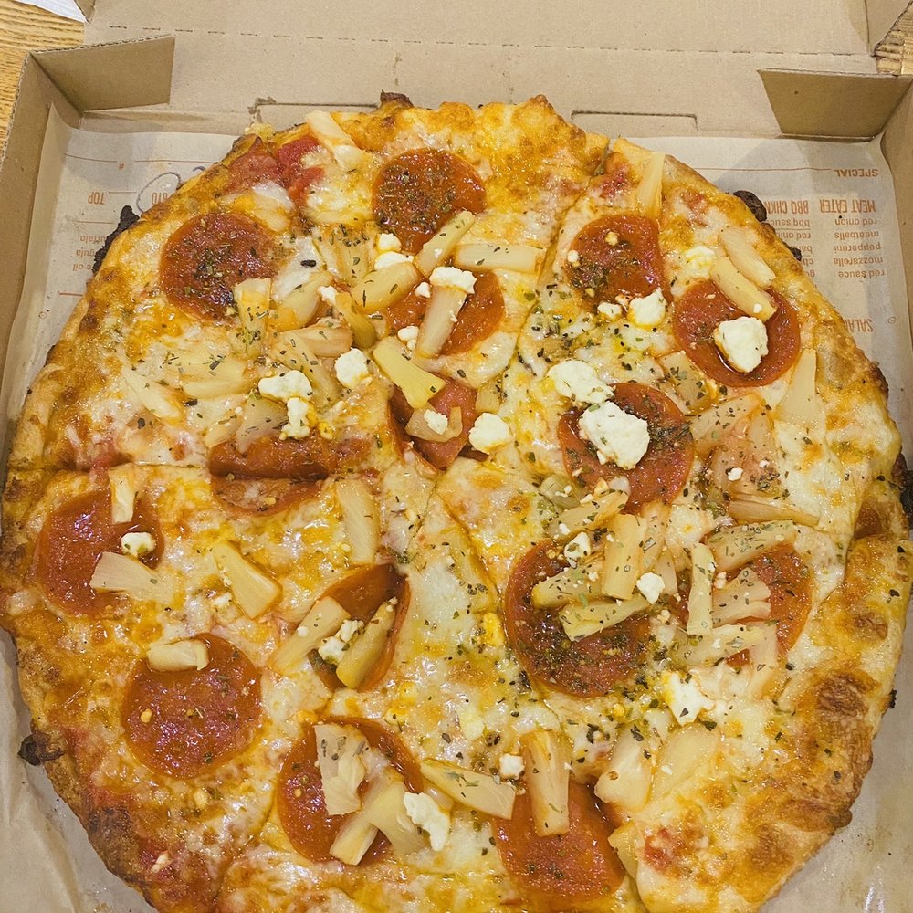 Blaze Pizza - Pepperoni and pineapple, topped with oregano and feta. - Salad Near Me - Gold River, California Blaze Pizza - Pepperoni and pineapple, topped with oregano and feta. - Salad Near Me - Gold River, California