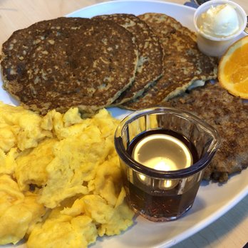 Two Chicks - Gluten-Free, Grain-Free Sweet Potato Pancake Combo with scrambled eggs and sausage - Breakfast & Brunch Near Me - Reno, Nevada Two Chicks - Gluten-Free, Grain-Free Sweet Potato Pancake Combo with scrambled eggs and sausage - Breakfast & Brunch Near Me - Reno, Nevada