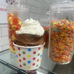 Chocolate coffee flavor with peanut butter and strawberries swirled in and homemade whipped cream on top!