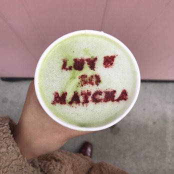 Cha Cha Matcha - Close Up of Beautiful Latte with almond milk -- $9.25 - Coffee & Tea Near Me - New York, New York Cha Cha Matcha - Close Up of Beautiful Latte with almond milk -- $9.25 - Coffee & Tea Near Me - New York, New York