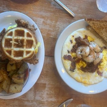 Le Petit Marché - Chicken and waffle sandwich and Shrimp and grits brunch dish. - Breakfast & Brunch Near Me - Atlanta, Georgia