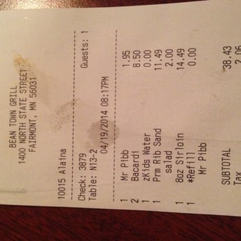 Bean Town Grill - receipts so you get an idea price point. Note the prime rib openface sandwich price absolute fantastic buy at this price point - New American Near Me - Fairmont, Minnesota
