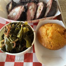 Pork SMOKED DUROC RIB TIPS, COLLARD GREENS,CORNBREAD MUFFIN