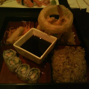 Sake House - Shrimp tempura bento - 2 spring rolls, shrimp tempura, California roll, rice, vegetable tempura, and onion ring - Sushi Bars Near Me - Beaver Dam, Wisconsin