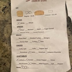 Schrocks Country Store - Order form for deli sandwiches! Great potato soup they had the time we visited! One of our favorite places in Oakland.