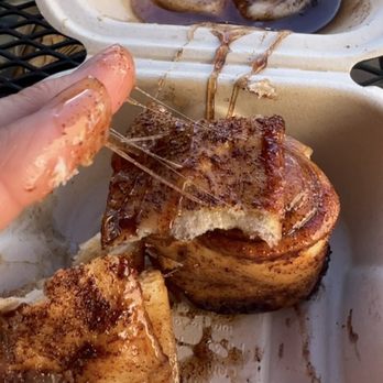 Cinnamon Roll Place - The sticky bun stretch test !  Look at the ooey gooey - Bakeries Near Me - Kihei, Hawaii