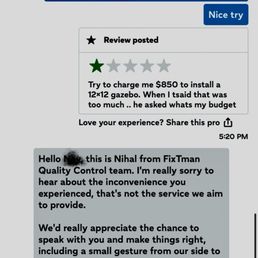 The image displays a mobile chat interface with FixTman LLC, a handyman service company in Washington D.C. The conversation includes a customer expressing dissatisfaction with a quoted price for a gazebo installation, and a team member, Nihal, apologizing and requesting to discuss the issue further. The interface shows timestamps, a call button, and options to add photos or send messages.