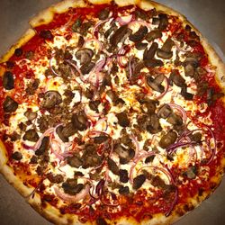 Sausage, mushrooms, onions